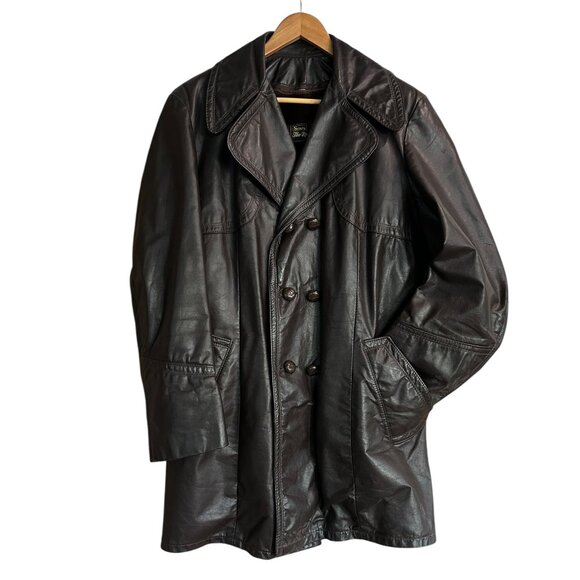 Vtg Sears Men’s Brown Leather Coat Sz 40 | Double Breasted 3/4 Length Lined - Picture 1 of 14